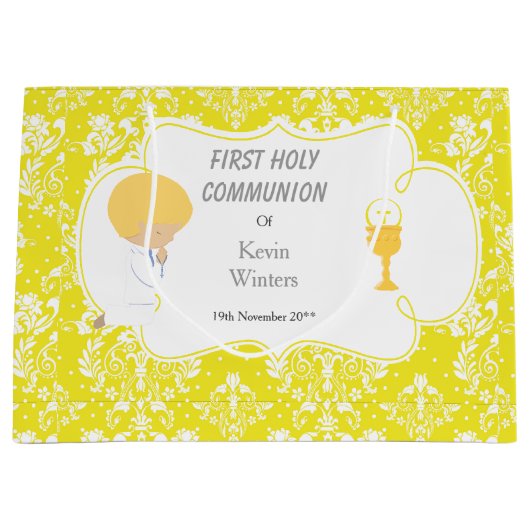 Grand Sac Cadeau Première Communion Blonde Boy Yellow Damask (Devant)