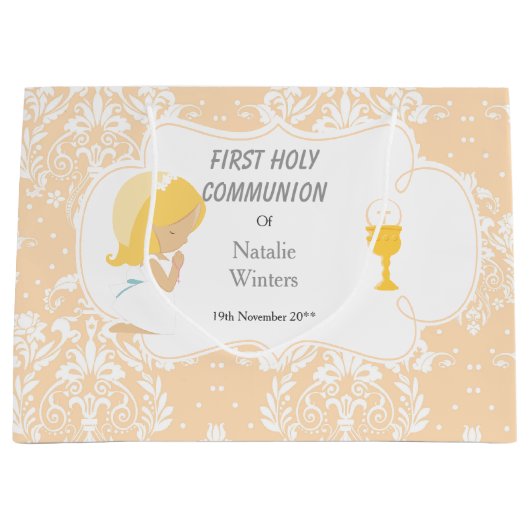 Grand Sac Cadeau Première Communion Blonde cheveux fille Merci (Devant)