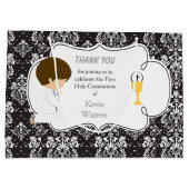 Grand Sac Cadeau Première Communion Brunette Garçon Noir Damask (Dos)
