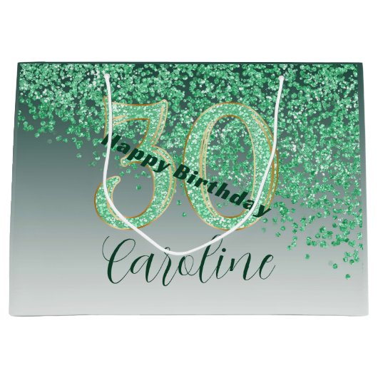 Grand Sac Cadeau Pretty Falling Green Glitter 30th Birthday (Devant)