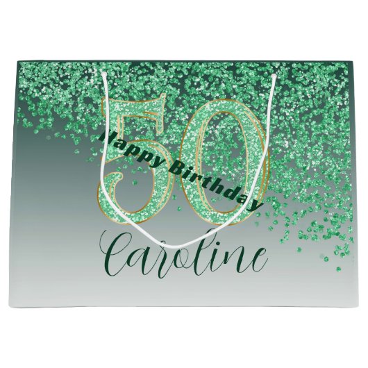 Grand Sac Cadeau Pretty Falling Green Glitter 50th Birthday (Devant)