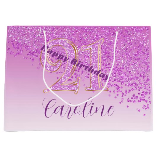 Grand Sac Cadeau Pretty Falling Pink Glitter 21st Birthday (Devant)