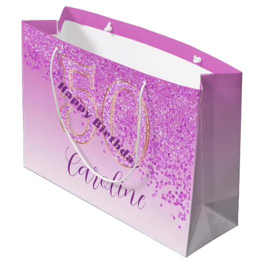 Grand Sac Cadeau Pretty Falling Pink Glitter 50th Birthday (Dos Angle)