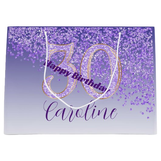 Grand Sac Cadeau Pretty Falling Purple Glitter 30th Birthday (Devant)