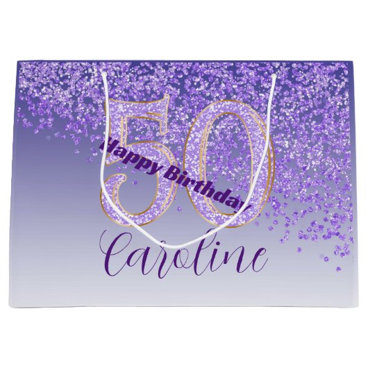 Grand Sac Cadeau Pretty Falling Purple Glitter 50th Birthday (Devant)
