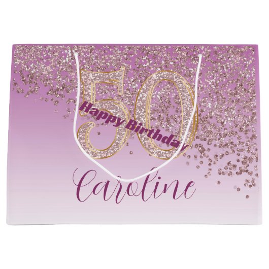 Grand Sac Cadeau Pretty Falling Rose Gold Glitter 50th Birthday (Devant)