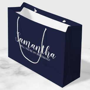 Grand Sac Cadeau Proposition Bridesmaid Script moderne bleu marin