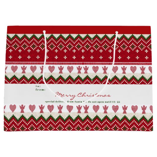 Grand Sac Cadeau Pull moche tricoté Hygge Anges Cœurs Noël (Devant)