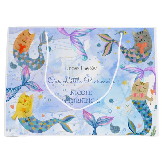 Grand Sac Cadeau Purmaid chat sirène aquarelle fille anniversaire (Devant)