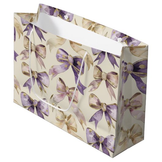 Grand Sac Cadeau Purple Gold Bows Anniversaire (Devant Angle)