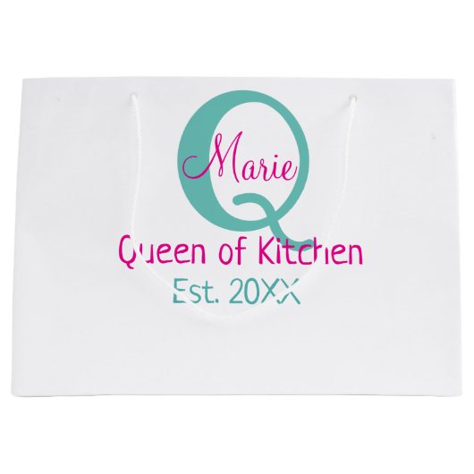 Grand Sac Cadeau Queen of cuisine monogramme vert rose simple minim (Devant)