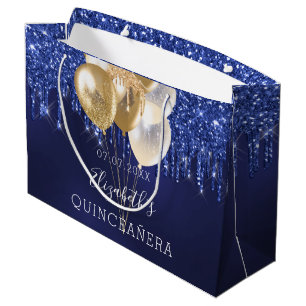 Grand Sac Cadeau Quinceanera marine bleu or parties scintillant gou