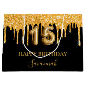 Grand Sac Cadeau Quinceanera noir or parties scintillant nom goutte (Devant)