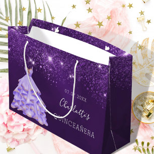 Grand Sac Cadeau Quinceanera parties scintillant violet nom de la r