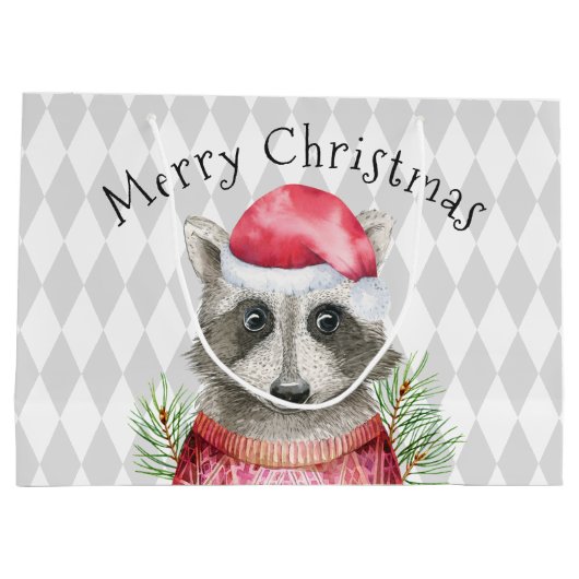 Grand Sac Cadeau Raccoon à Santa Hat avec Motif arlequin (Dos)