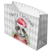 Grand Sac Cadeau Raccoon à Santa Hat avec Motif arlequin (Dos Angle)
