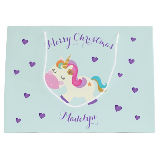 Grand Sac Cadeau Rainbow Unicorn Noël Parties scintillant Aqua (Devant)