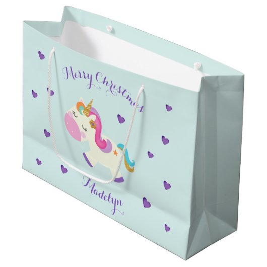 Grand Sac Cadeau Rainbow Unicorn Noël Parties scintillant Aqua (Devant Angle)