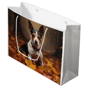 Grand Sac Cadeau Rat Terrier dans les feuilles d'automne qui tomben