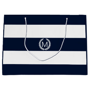 Grand Sac Cadeau Rayure large de bleu marine et blanche avec le