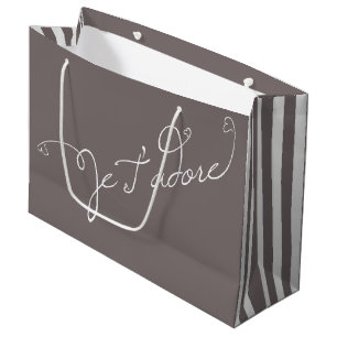 Grand Sac Cadeau rayures blanches grises Je T adore Français Je t'a