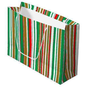 Grand Sac Cadeau Rayures de Noël modernes rouges, vertes et dorées