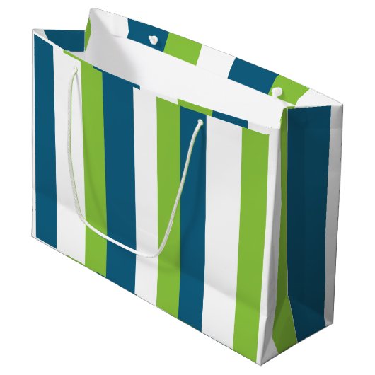 Grand Sac Cadeau Rayures verticales bleues blanches vertes (Devant Angle)