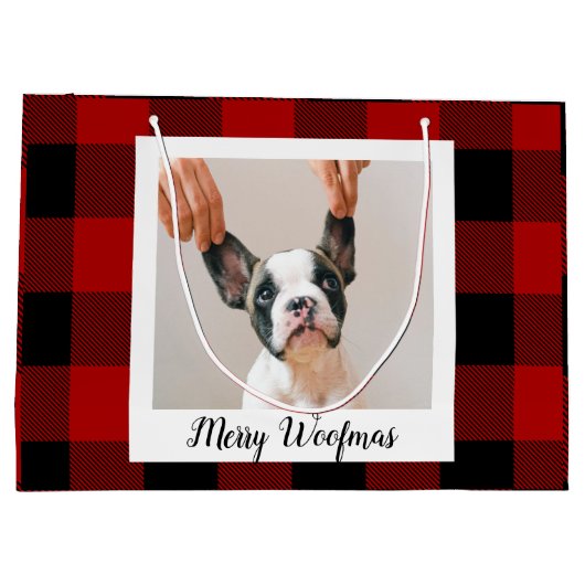 Grand Sac Cadeau Red Buffalo Plaid & Joyeux Woofmas Avec Photo Chie (Dos)