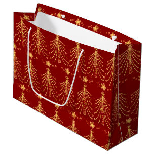 Grand Sac Cadeau Red Gold Christmas Tree Lumières Élégant Motif
