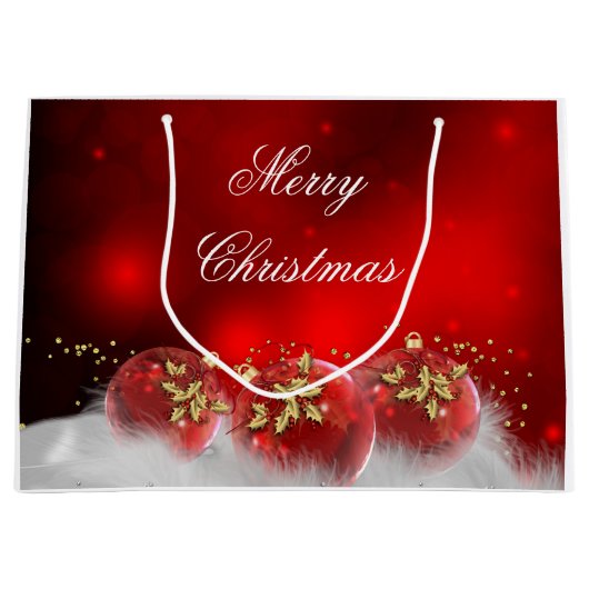 Grand Sac Cadeau Red & Gold Holly Baubles Joyeux Noël (Devant)