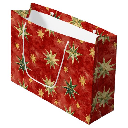 Grand Sac Cadeau Red Green Gold Stars Christmas (Devant Angle)