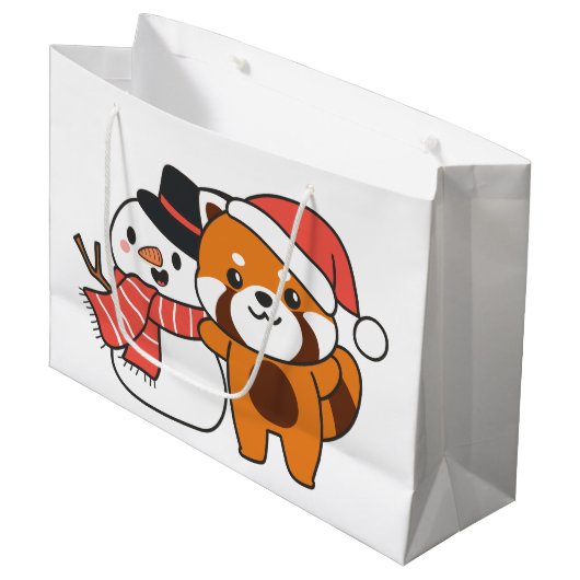 Grand Sac Cadeau Red Panda With Snowman In Winter For Christmas (Devant Angle)
