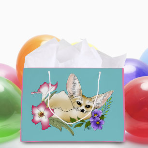 Grand Sac Cadeau Renard Fennec Fleurs Roses Violettes Mignon Botani