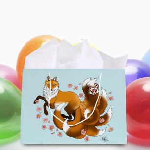 Grand Sac Cadeau Renard Kitsune Fantaisiste Fleurs de Cerisier Bleu