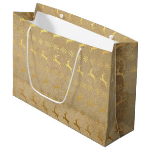Grand Sac Cadeau Renne et flocon de neige de feuille d'or de Noël