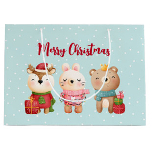 Grand Sac Cadeau Rennes, ours et lapin Joyeux Noël