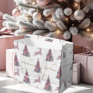 Grand Sac Cadeau Rennes scintillants et sapins de Noël pastel rose