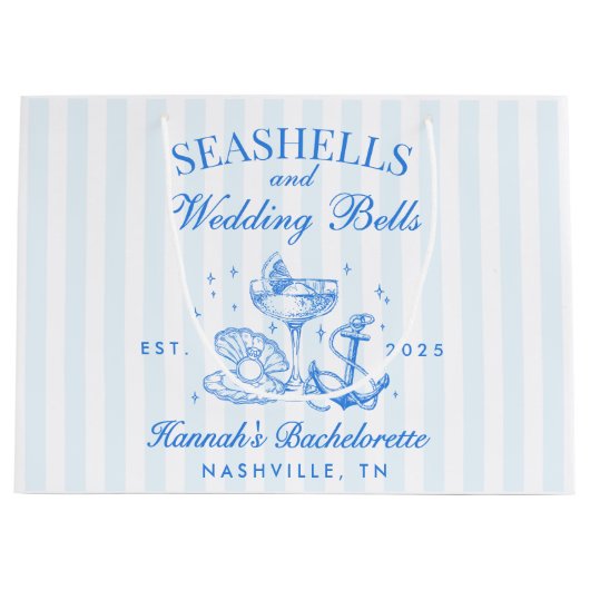 Grand Sac Cadeau Retro Bleu Coquillages & Cloches de Mariage Enterr (Devant)