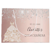 Grand Sac Cadeau Robe rose or argent nom Quinceanera (Dos)