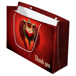 Grand Sac Cadeau Romance vintage avec un coeur et des ailes.
