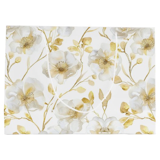 Grand Sac Cadeau Romantique Chic Or Blanc Fleur Mariage Shower (Dos)