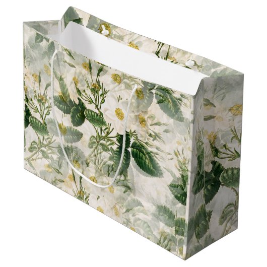 Grand Sac Cadeau Romantique Fleurs blanches douces et Feuilles vert (Devant Angle)