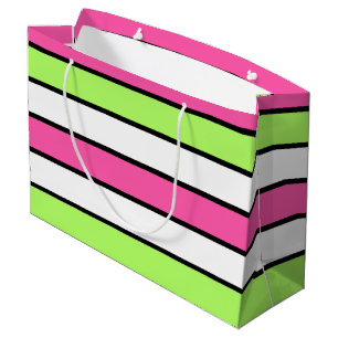 Grand Sac Cadeau Rose chaud, vert citron, noir et blanc rayures