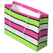 Grand Sac Cadeau Rose chaud, vert citron, noir et blanc rayures (Devant Angle)