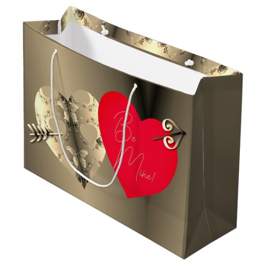 Grand Sac Cadeau Rose de bronze Coeur rouge Saint Valentin (Devant Angle)