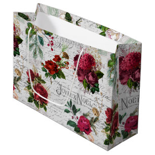 Grand Sac Cadeau Rose de Noël Vintage Joyeux Noel Ephemera