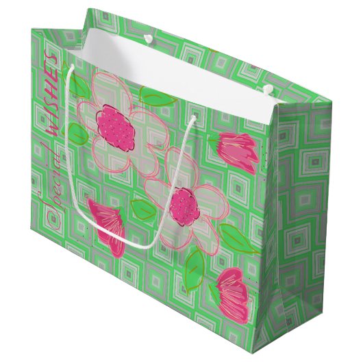 Grand Sac Cadeau Rose Flowé avec vert et gris (Devant Angle)