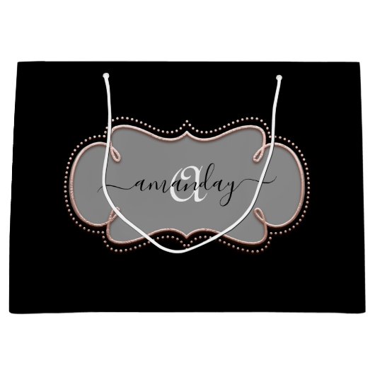 Grand Sac Cadeau Rose Gold encadré Royal Monogramme Nom Noir (Devant)