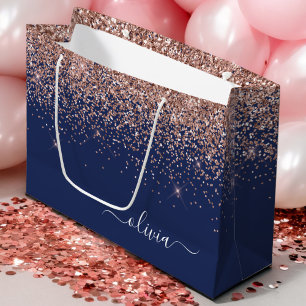 Grand Sac Cadeau Rose Gold Pailleté Monogramme Bleu Marine Rose Cla