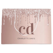 Grand Sac Cadeau Rose gouttes d'or rose monogramme anniversaire (Devant)